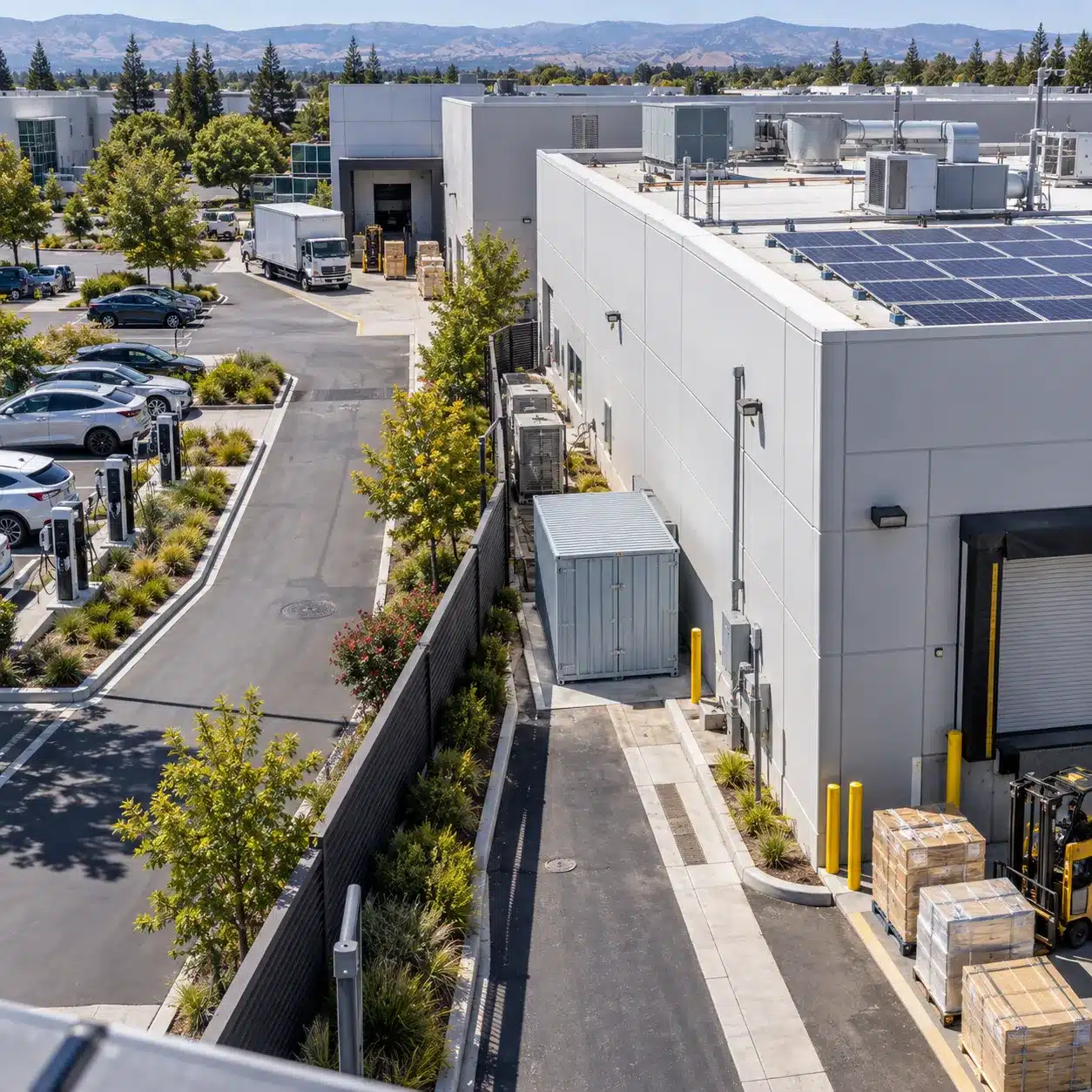 Flat pack storage container positioned for efficient commercial site use in San Jose