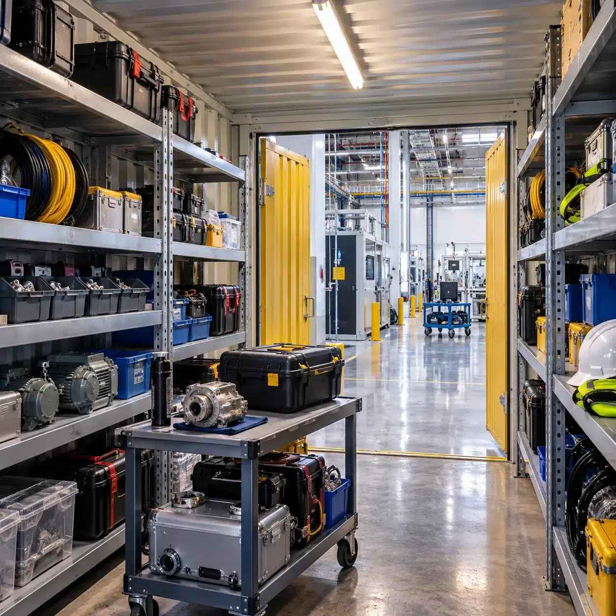 Organized tools, components and maintenance inventory stored inside a secure flat pack container in San Jose.