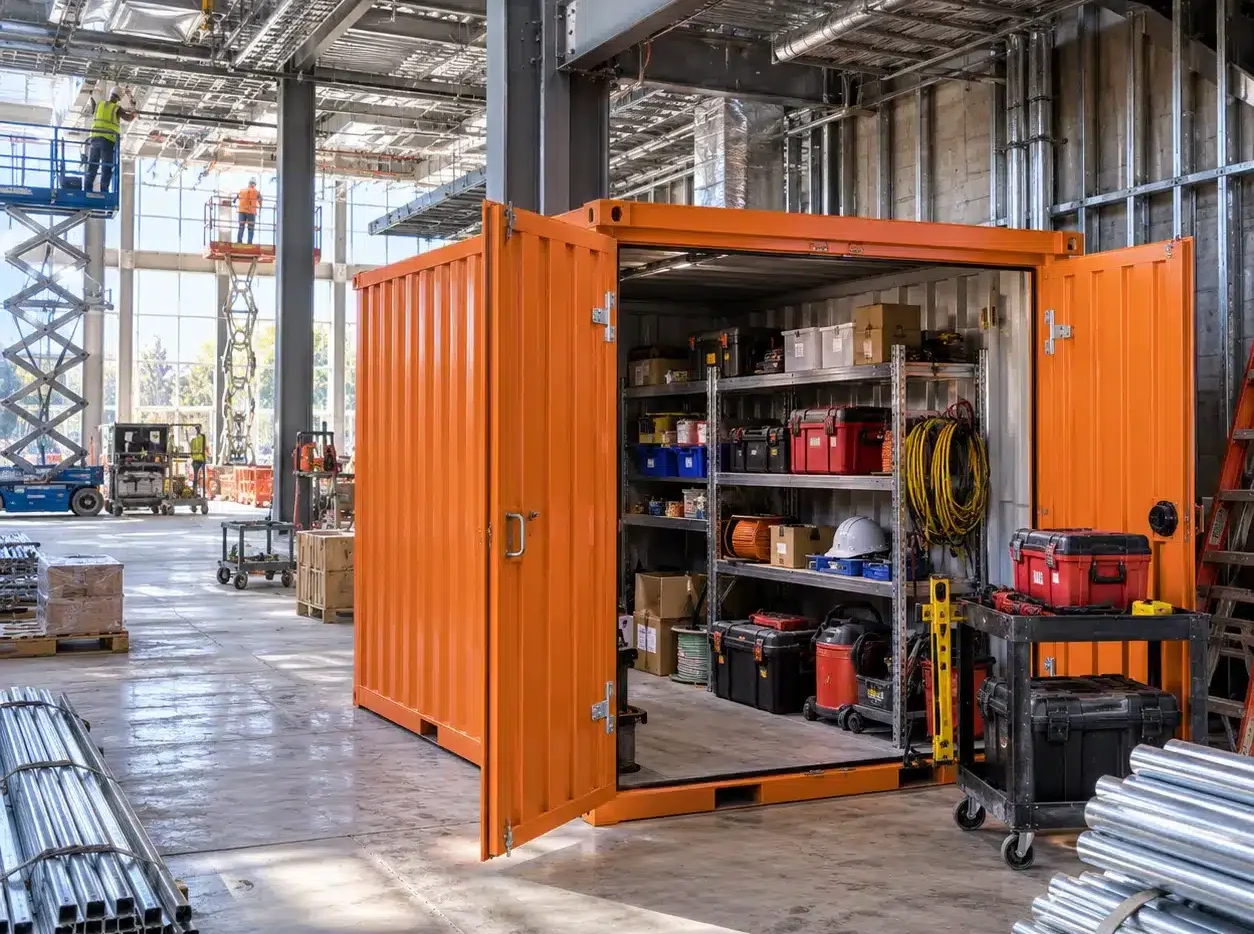 Organized tools, components and maintenance inventory stored inside a secure flat pack container in San Jose.