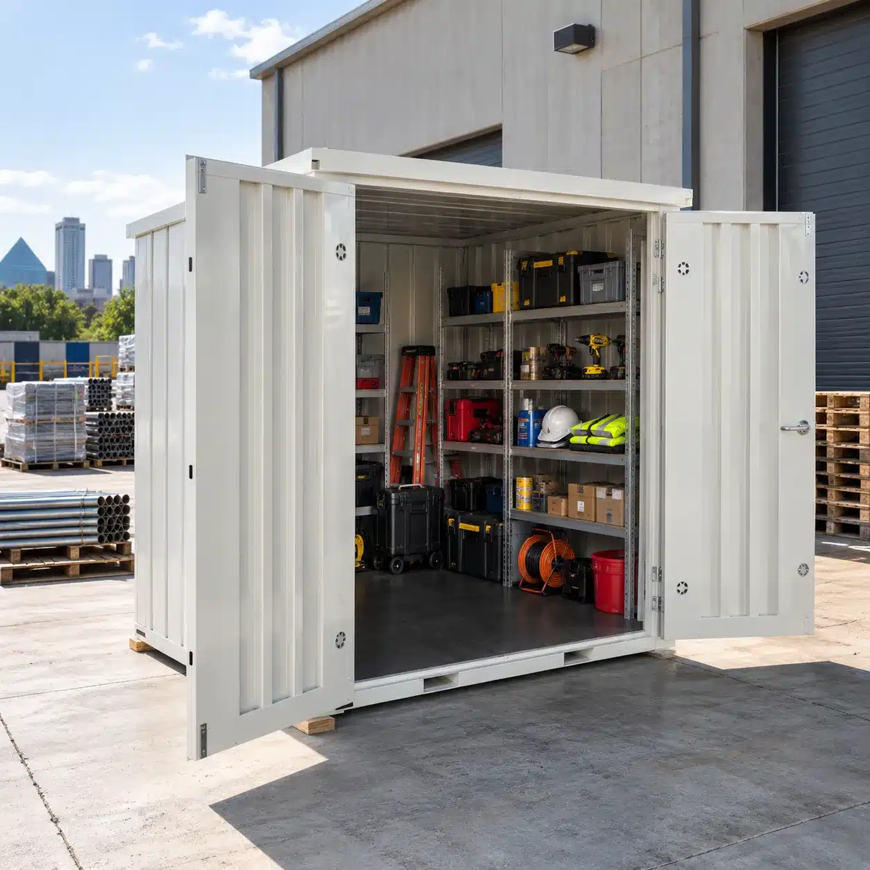 Organized tools, maintenance equipment and parts stored inside a secure flat pack container