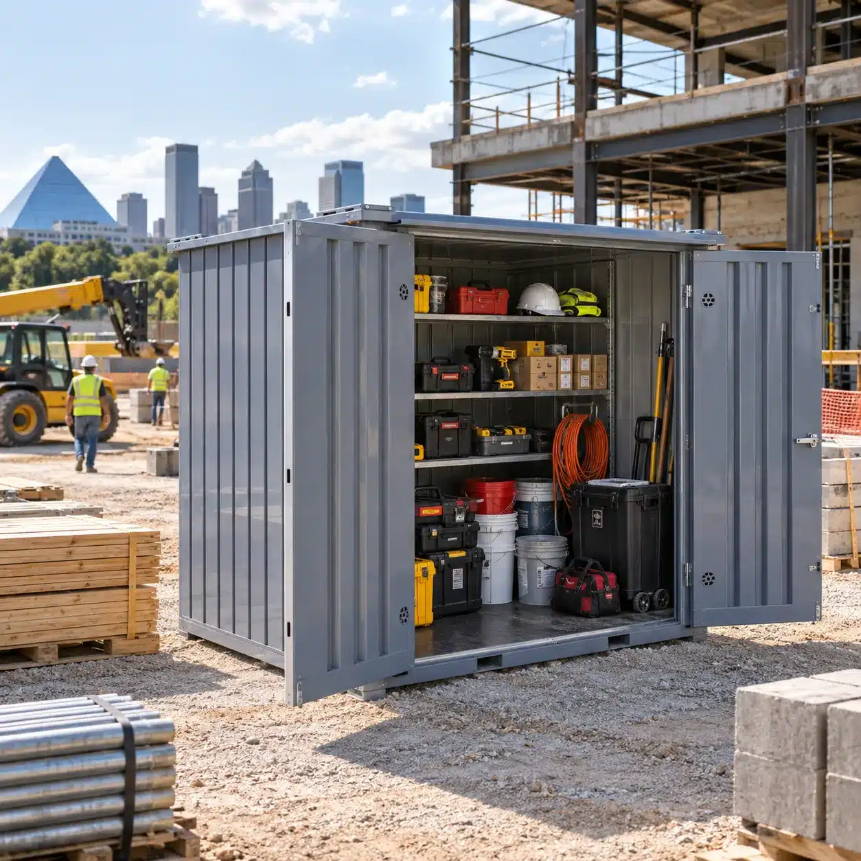 Commercial team planning flat pack container placement at a Memphis facility