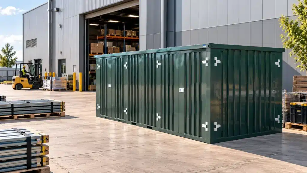 Commercial flat-pack storage container providing additional onsite storage at an industrial facility