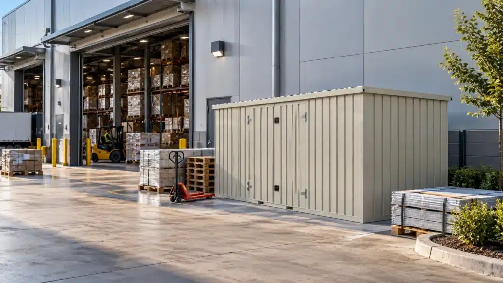 Flat-pack commercial storage container adding capacity beside an active warehouse facility