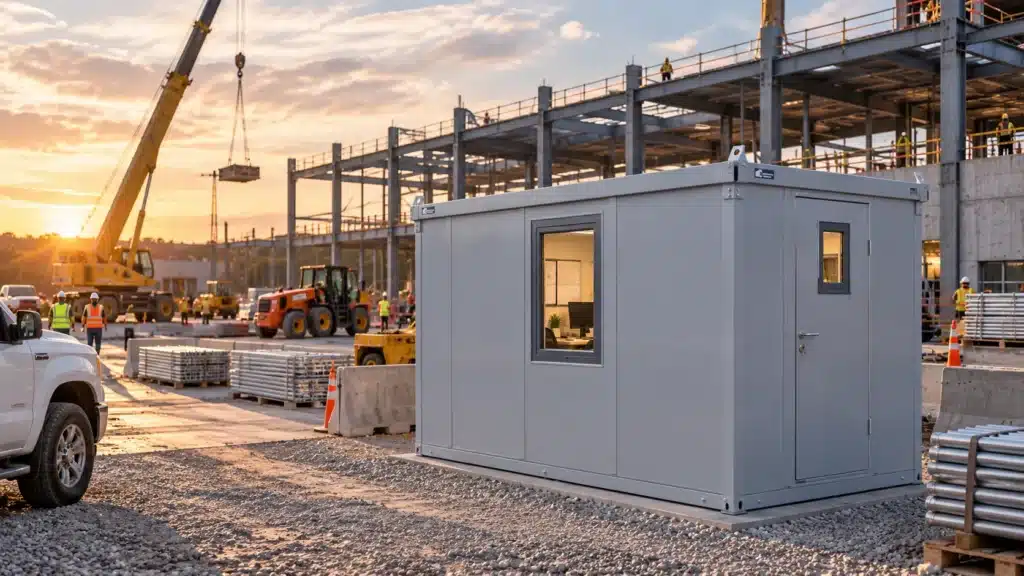 Flat-pack office in a box providing functional workspace at an active commercial jobsite
