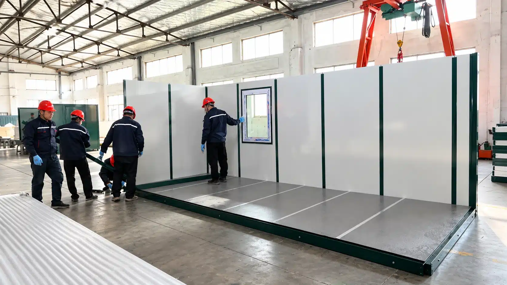Three matching flat-pack steel office units installed at a commercial facility, demonstrating standardized owned workspace deployment.