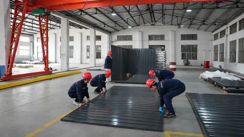Flatpack steel storage container and compact transport components at a commercial industrial facility.
