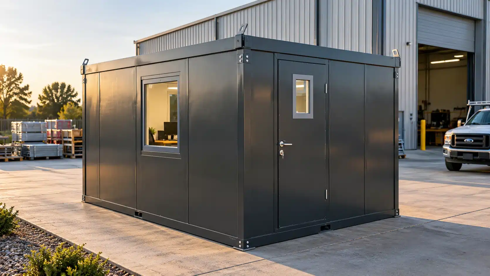 Purpose-built insulated flat-pack office unit with windows and secure entry, installed at a commercial industrial facility.