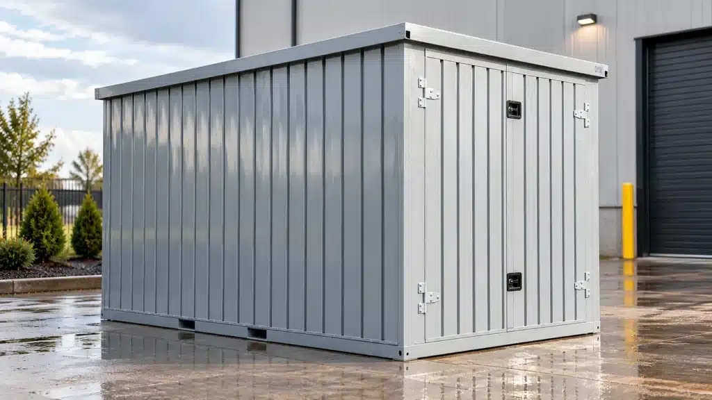 Secure galvanized steel flatpack storage container showing durable corrugated panels and locking hardware.