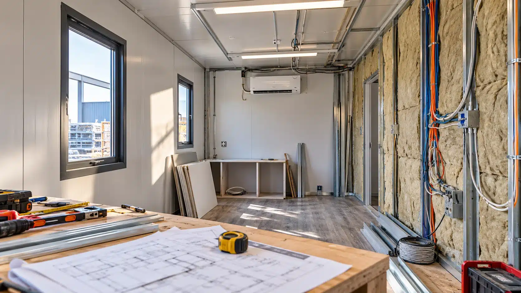 Shipping container office under construction showing insulation, electrical wiring, HVAC preparation, and interior finishing work.
