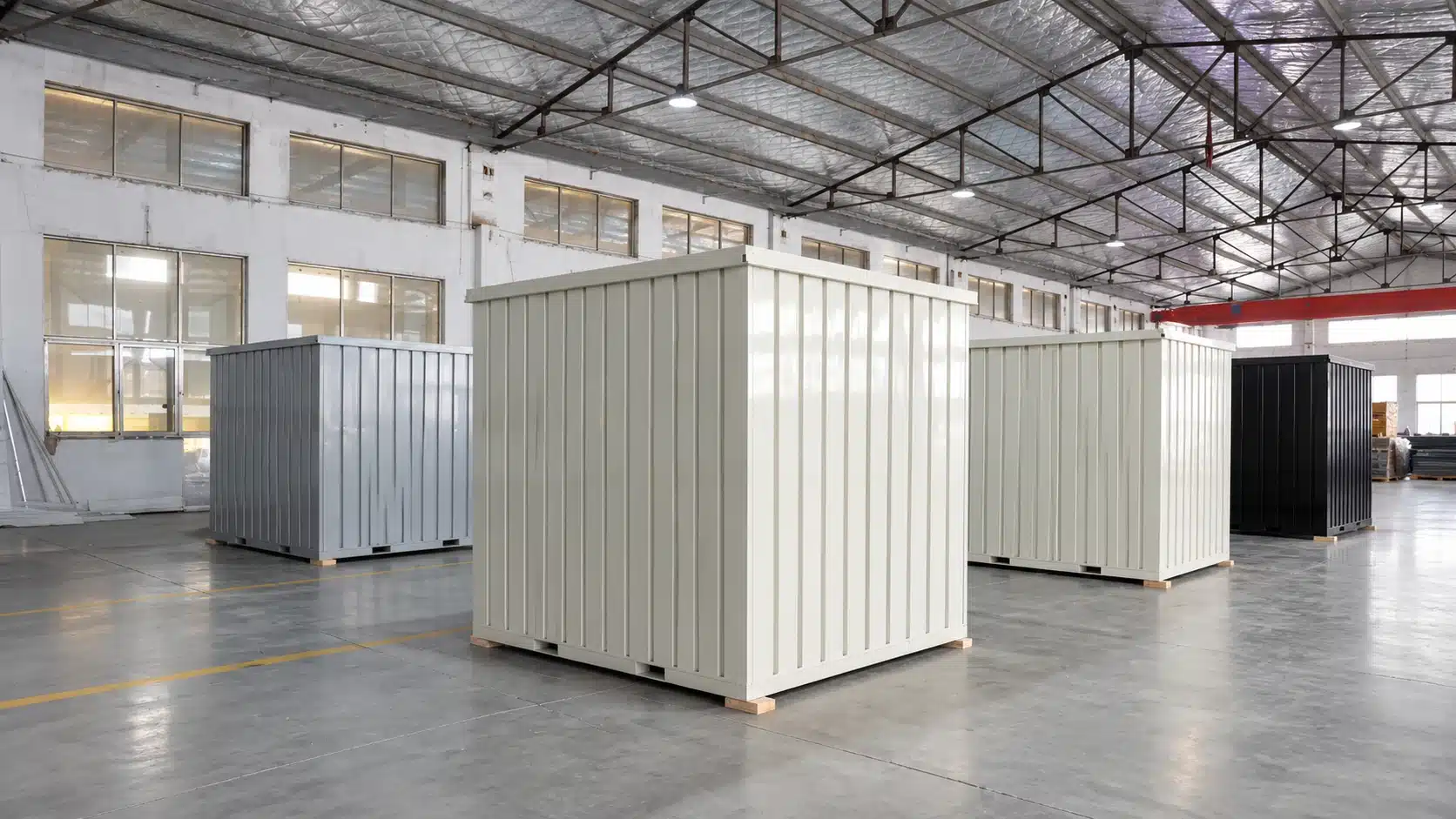 Flatbox Solutions steel storage units arranged at a commercial facility, providing standardized flat-pack storage solutions for predictable deployment costs.