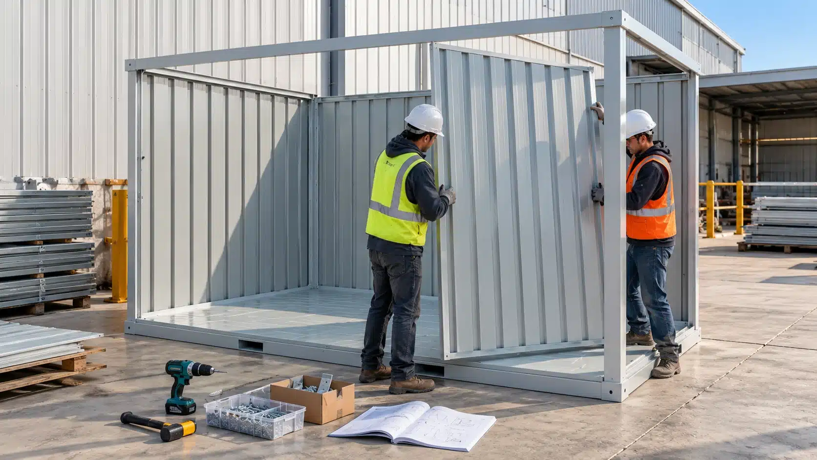 Installation technicians assembling a flat pack steel storage container using supplied hardware and tools.